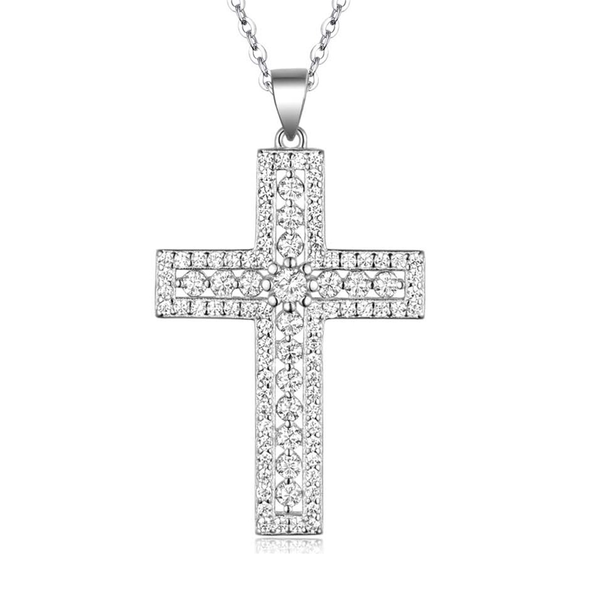 Pavé Moissanite Cross Pendant Necklace | 925 Sterling Silver | White Gold Plated