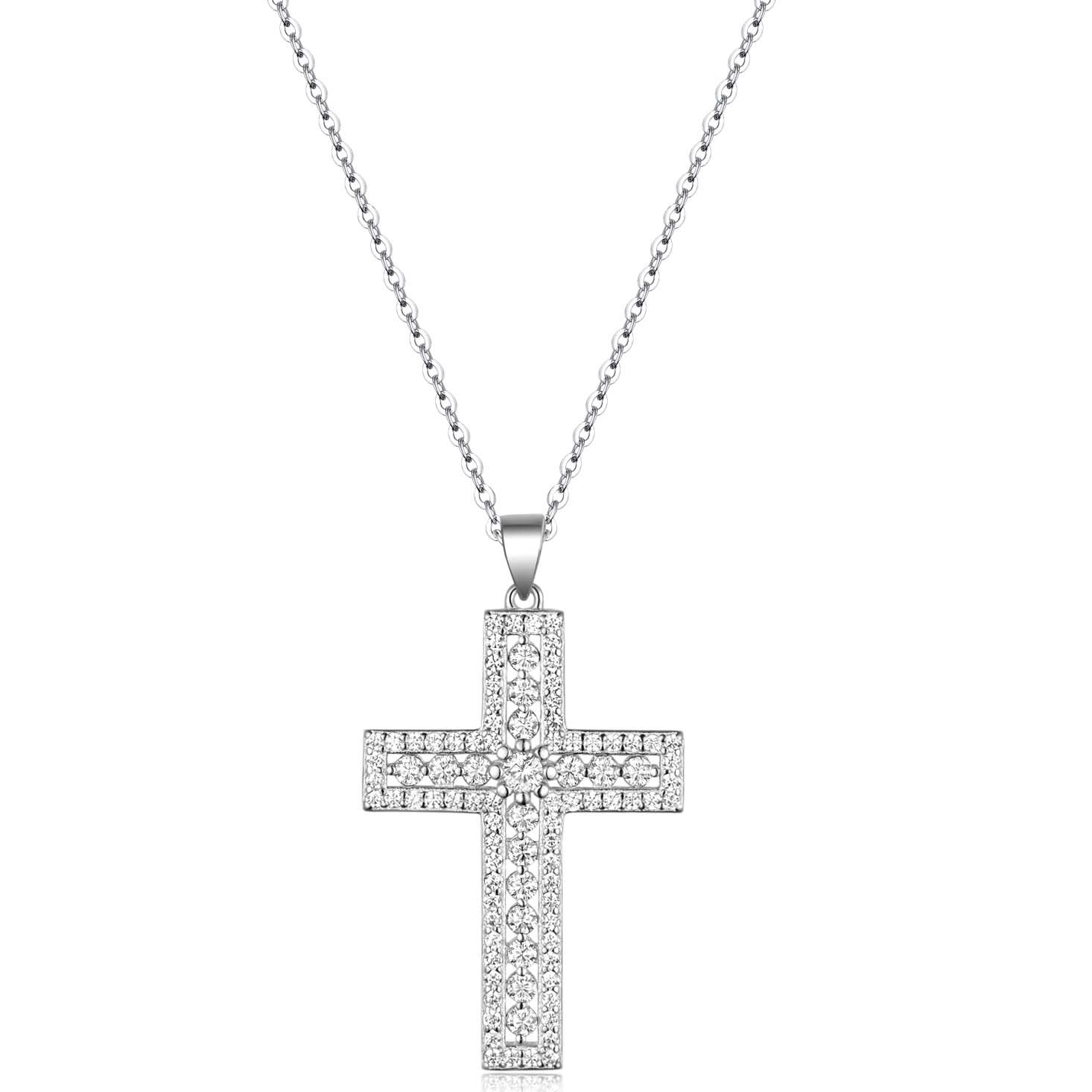 Pavé Moissanite Cross Pendant Necklace | 925 Sterling Silver | White Gold Plated - Image 2