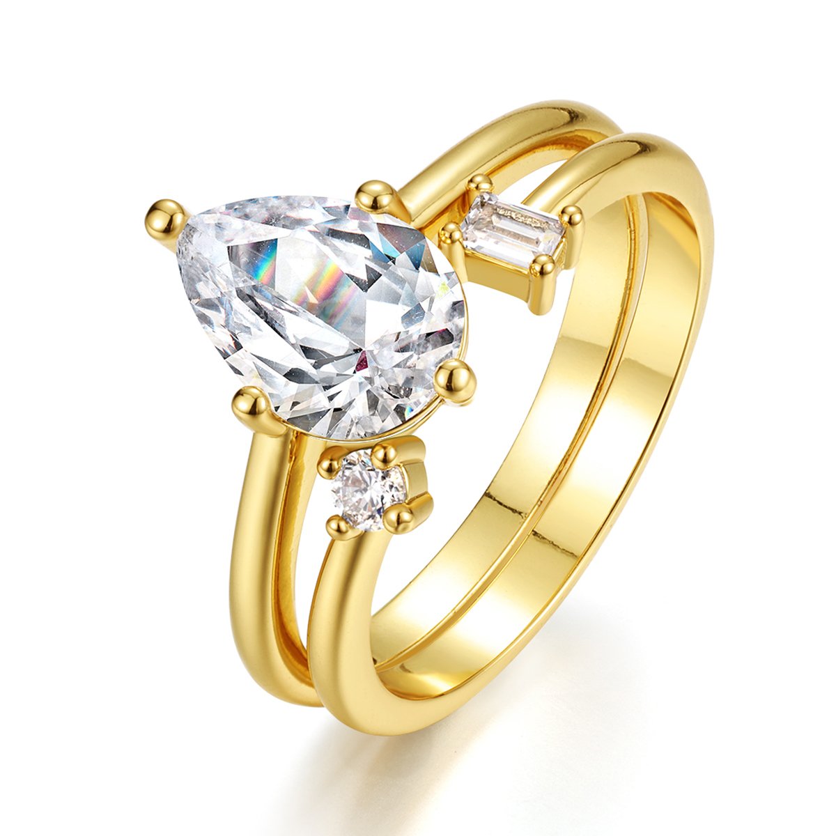 Pear-Cut Moissanite Double-Band Ring in 18K Yellow Gold