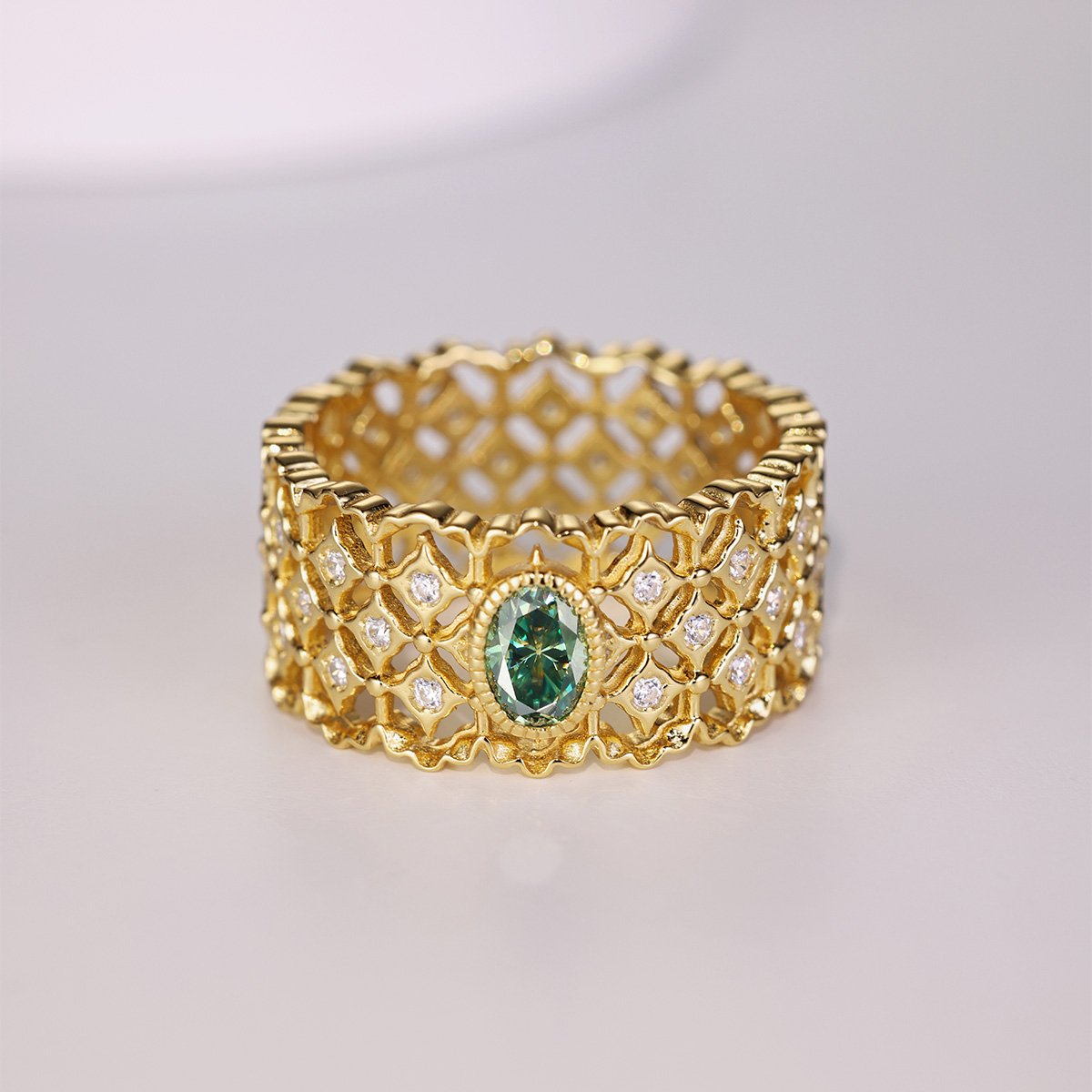 Green Oval Moissanite Gold Lace Band Ring - Image 2