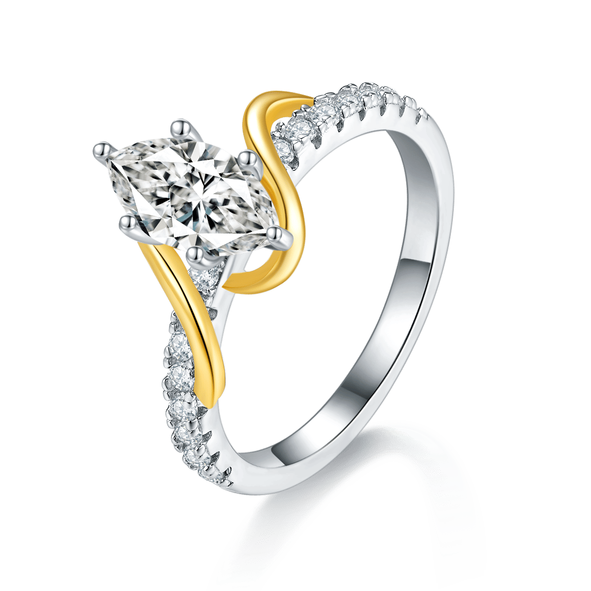 Marquise Moissanite Two-Tone Bypass Ring – 1ct DEW Solitaire