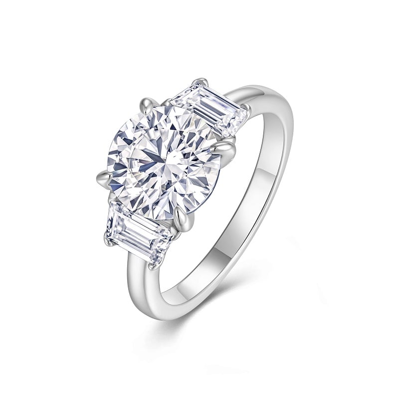 3ct Round Moissanite Three-Stone Ring with Emerald-Cut Sides