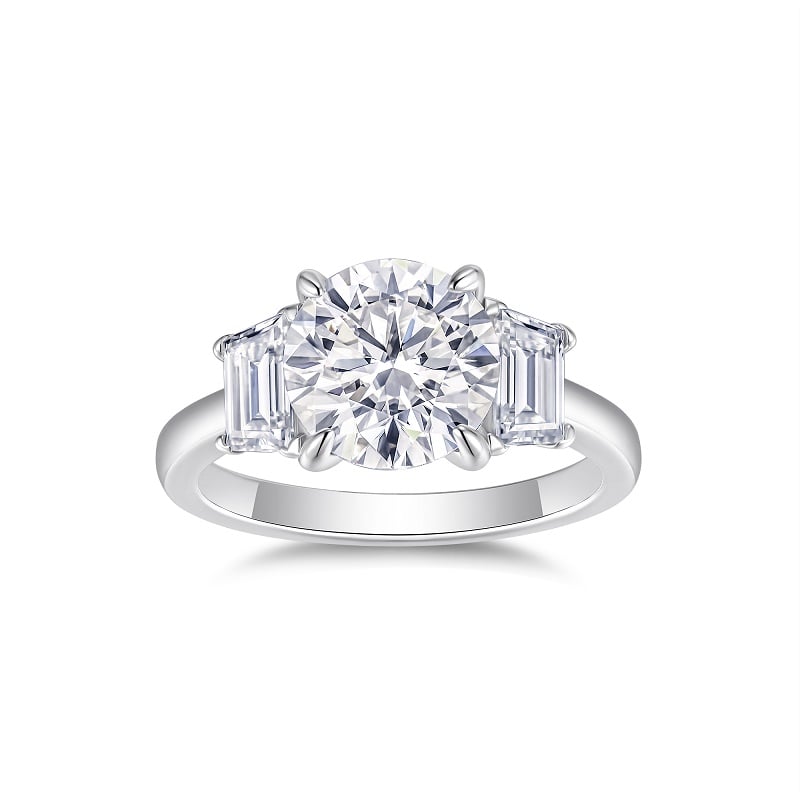 3ct Round Moissanite Three-Stone Ring with Emerald-Cut Sides - Image 2