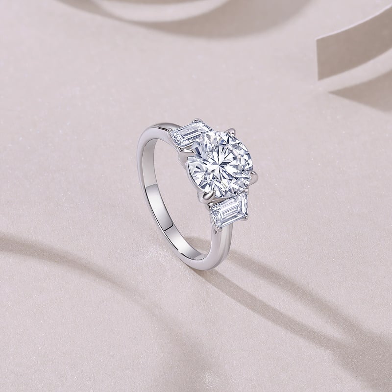 3ct Round Moissanite Three-Stone Ring with Emerald-Cut Sides - Image 5