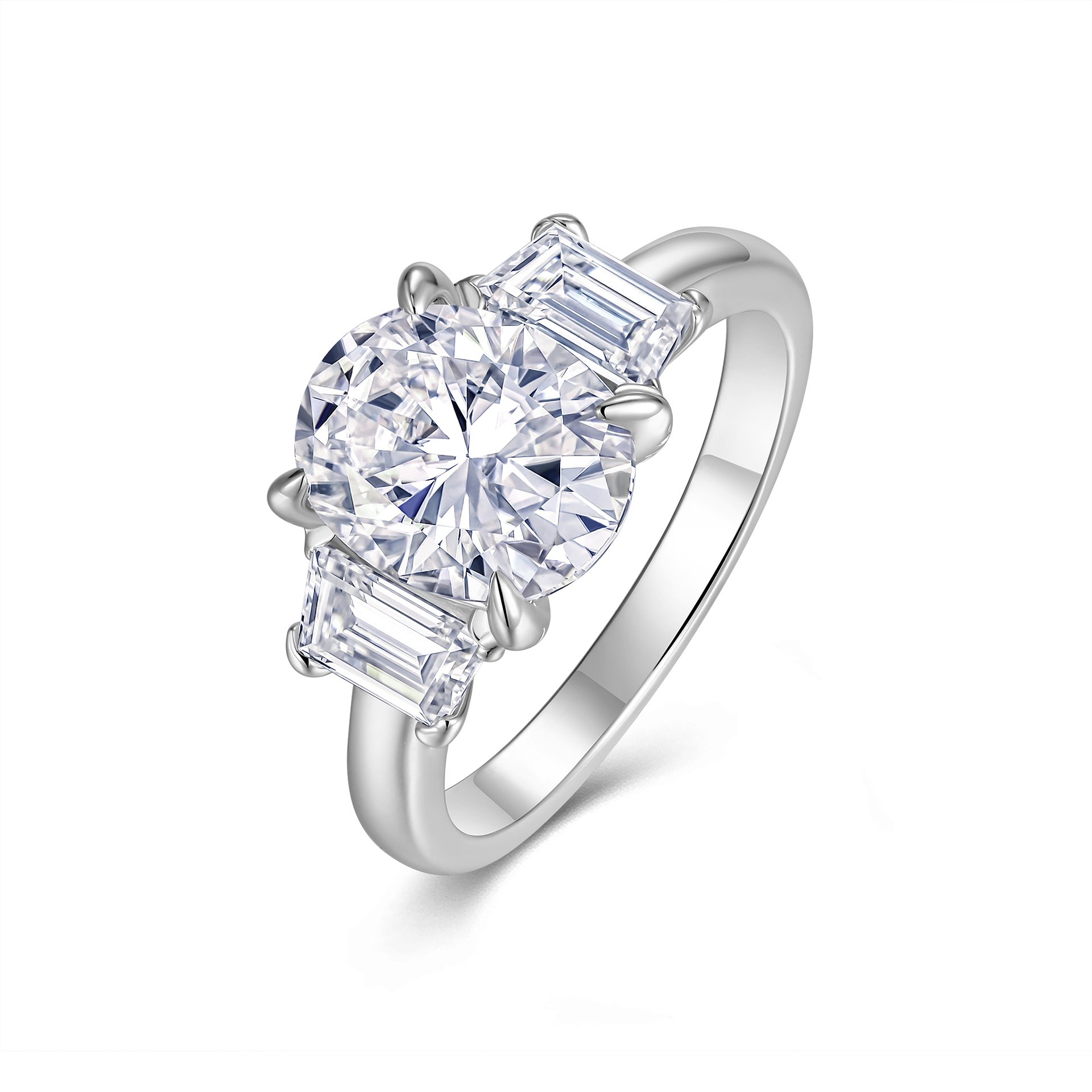 Oval Moissanite Three-Stone Ring with Emerald-Cut Sides | 18K White Gold