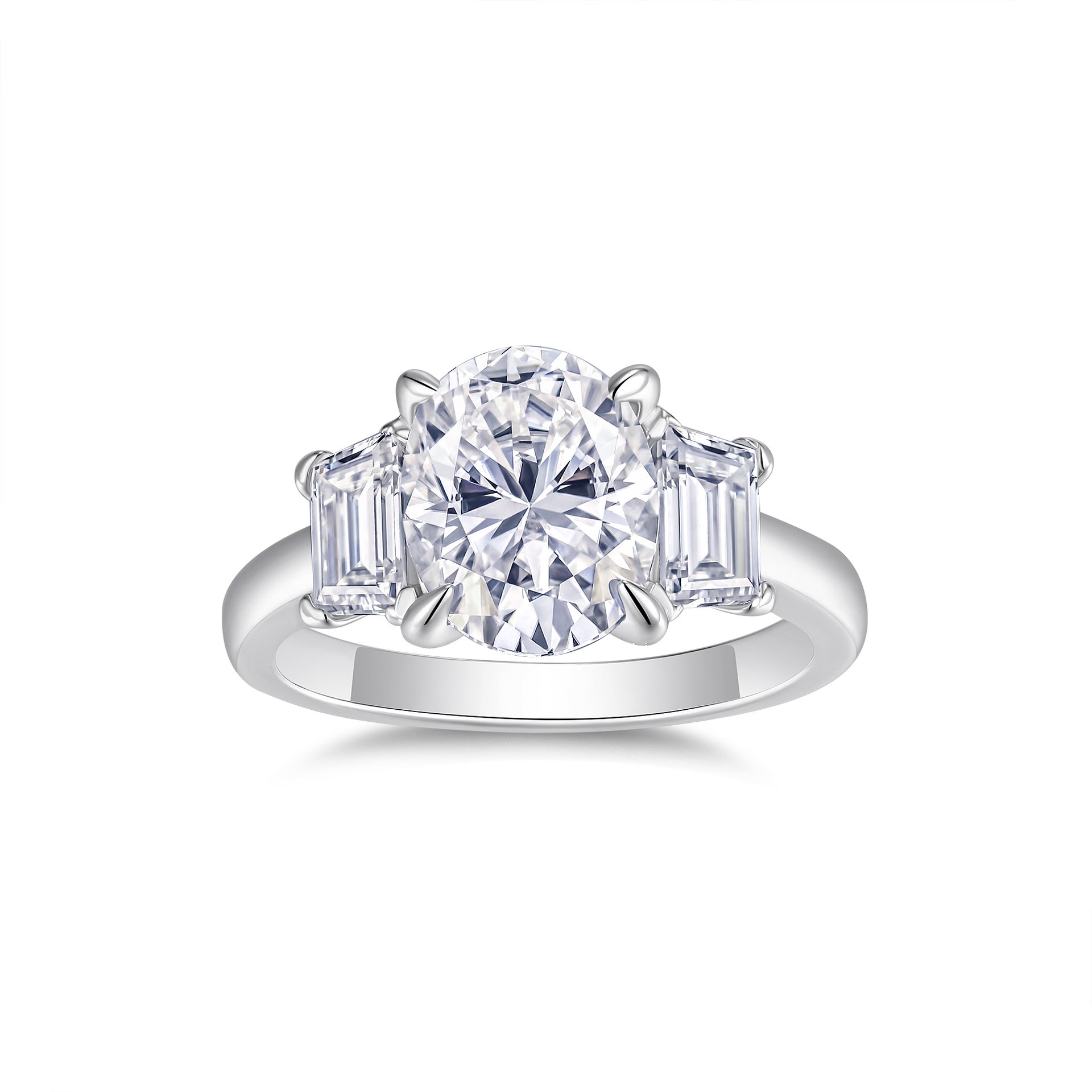 Oval Moissanite Three-Stone Ring with Emerald-Cut Sides | 18K White Gold - alternate view