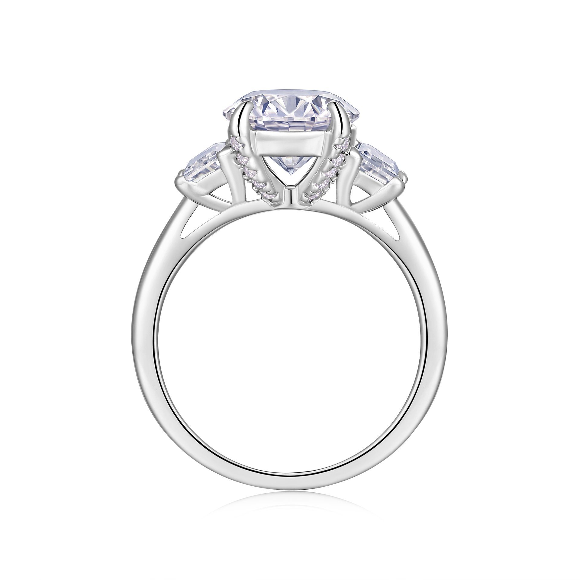 Oval Moissanite Three-Stone Ring with Emerald-Cut Sides | 18K White Gold - Image 3