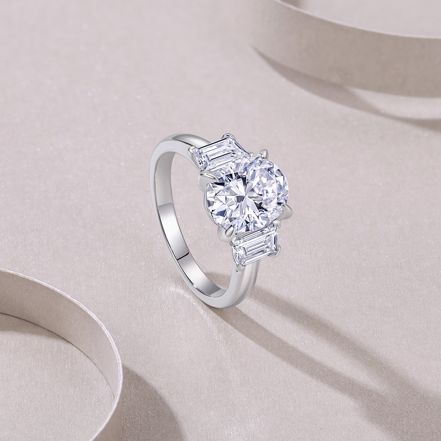 Oval Moissanite Three-Stone Ring with Emerald-Cut Sides | 18K White Gold - Image 5