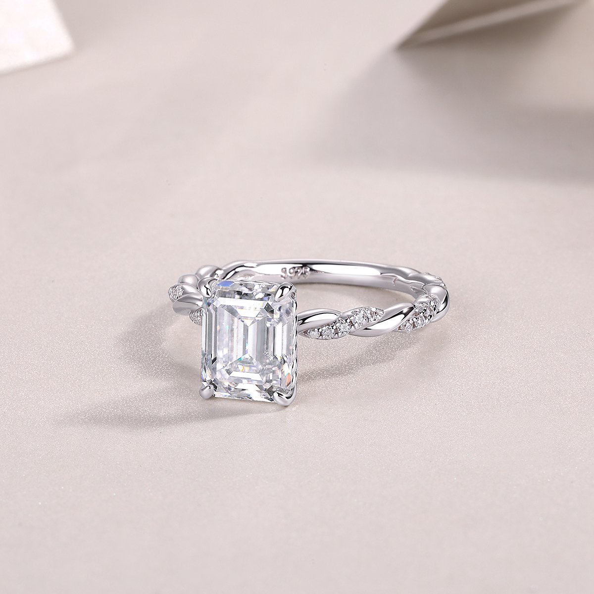 3ct Emerald-Cut Moissanite Twist-Band Solitaire Ring | 925 Silver White Plating - Image 5