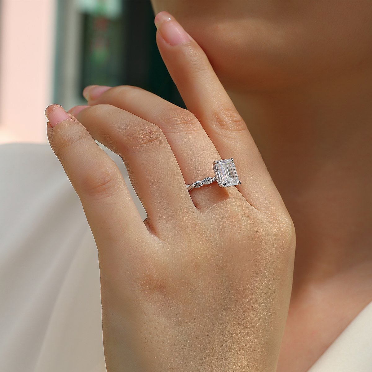 3ct Emerald-Cut Moissanite Twist-Band Solitaire Ring | 925 Silver White Plating - Image 6
