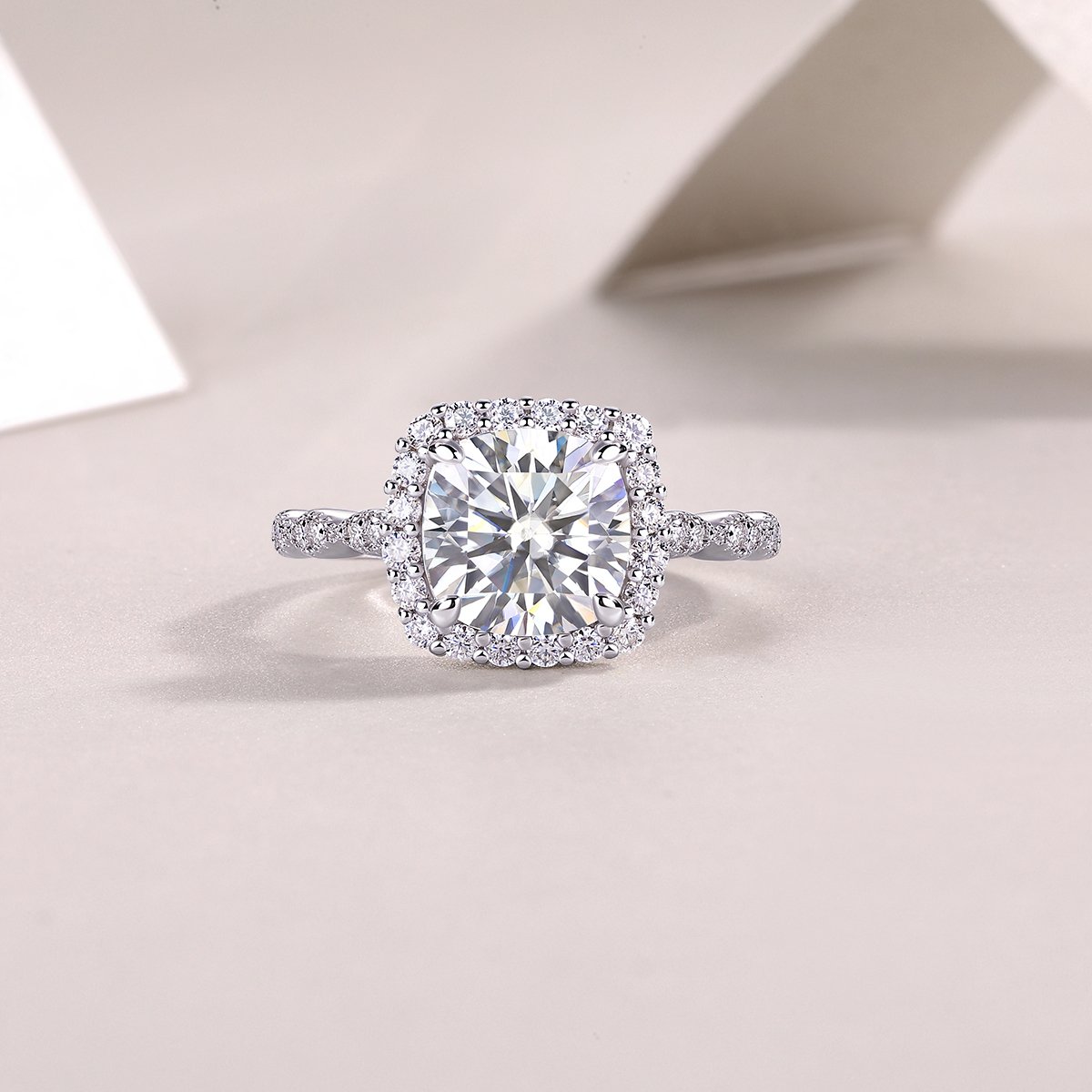 3ct Cushion-Cut Moissanite Halo Ring | Twisted Pavé Band - Image 4