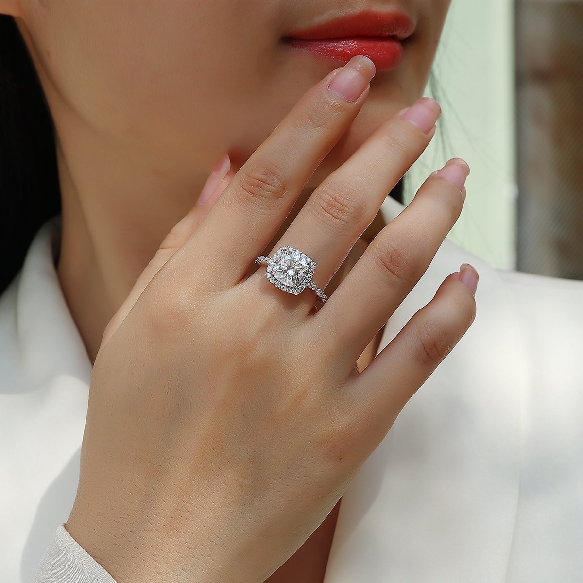 3ct Cushion-Cut Moissanite Halo Ring | Twisted Pavé Band - Image 6