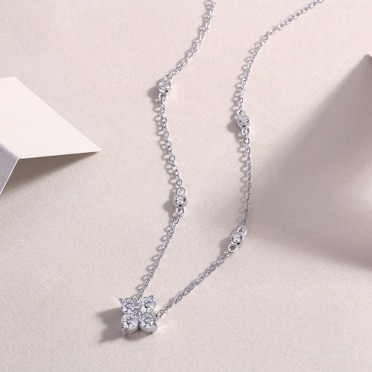Four-Petal Floral Cluster Moissanite Station Necklace - Image 3