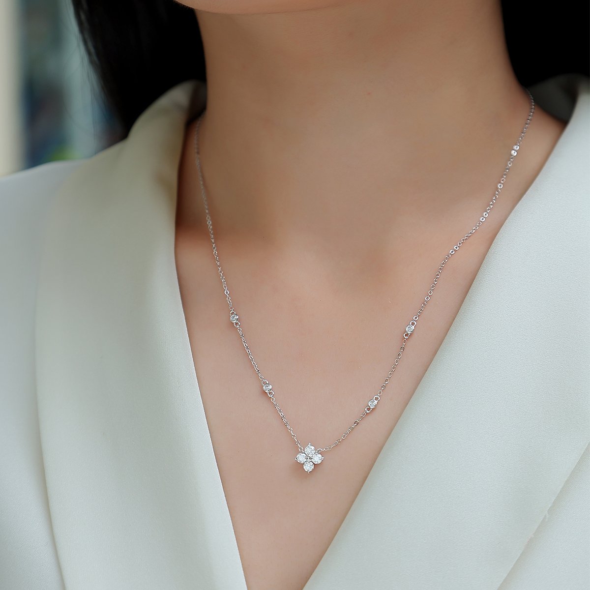 Four-Petal Floral Cluster Moissanite Station Necklace - Image 5