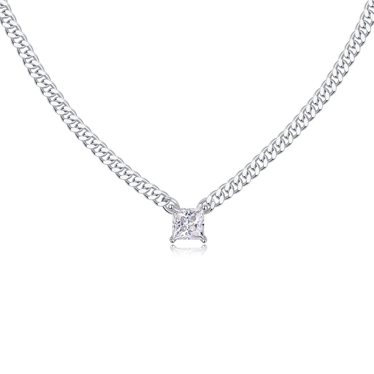 Princess-Cut Solitaire Cuban Chain Moissanite Necklace