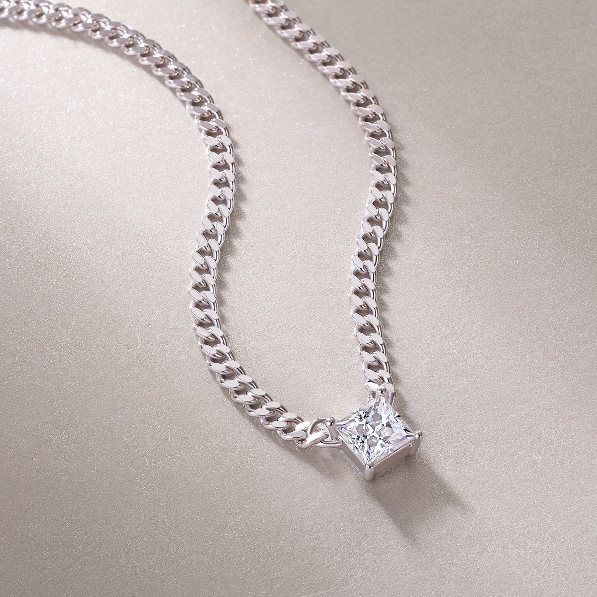 Princess-Cut Solitaire Cuban Chain Moissanite Necklace - Image 3