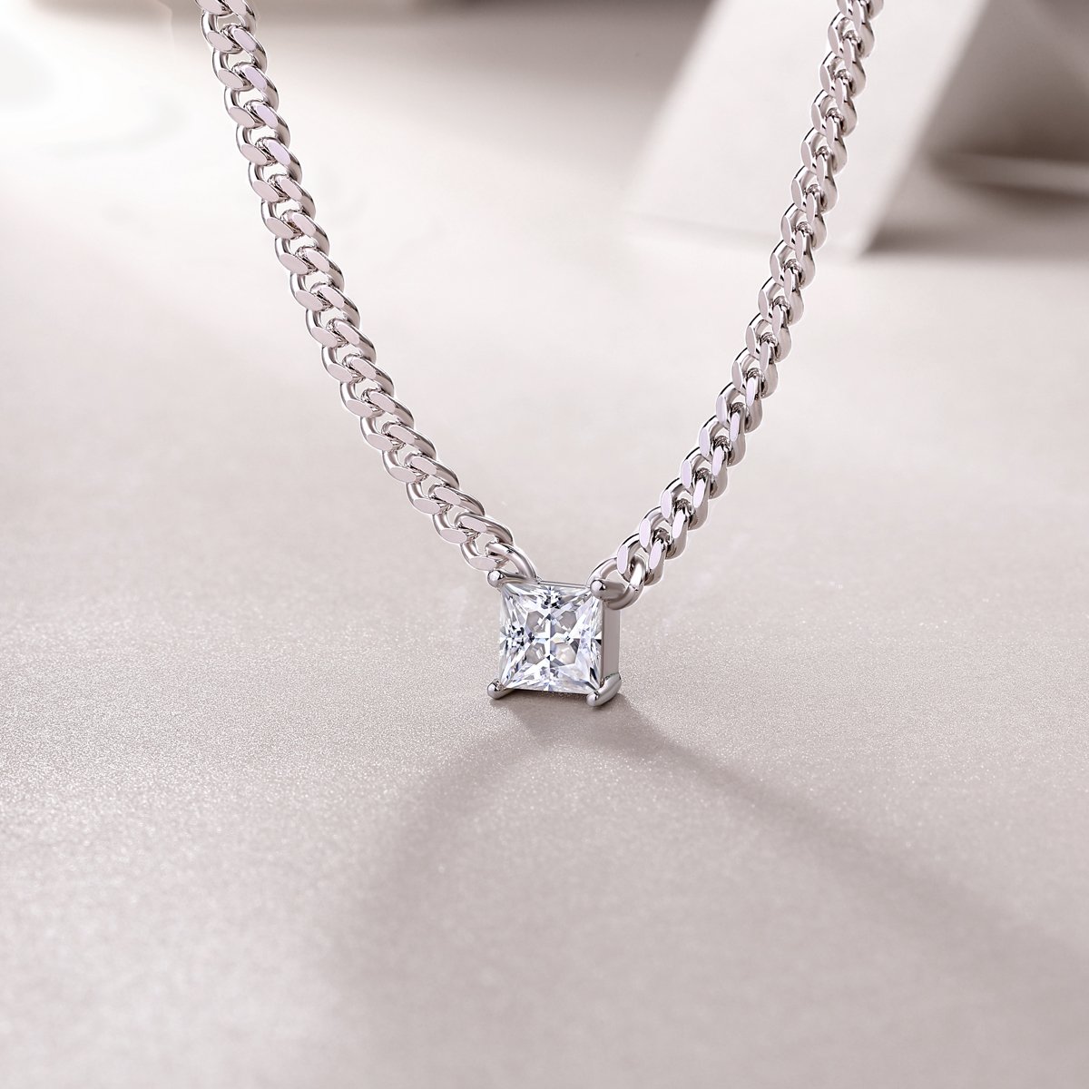Princess-Cut Solitaire Cuban Chain Moissanite Necklace - Image 4