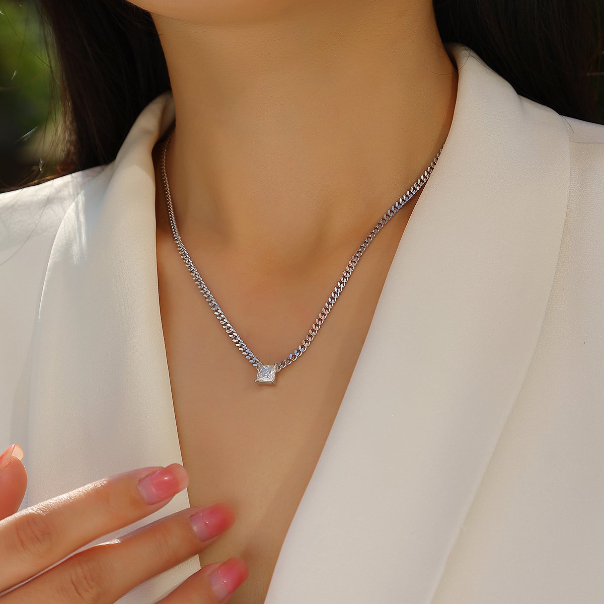 Princess-Cut Solitaire Cuban Chain Moissanite Necklace - Image 5
