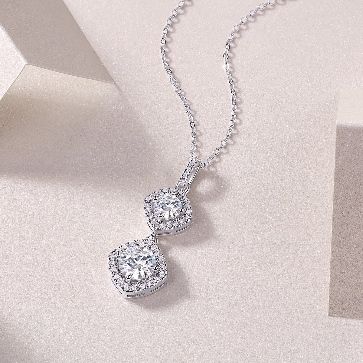 Double Cushion-Halo Moissanite Drop Necklace - Image 4