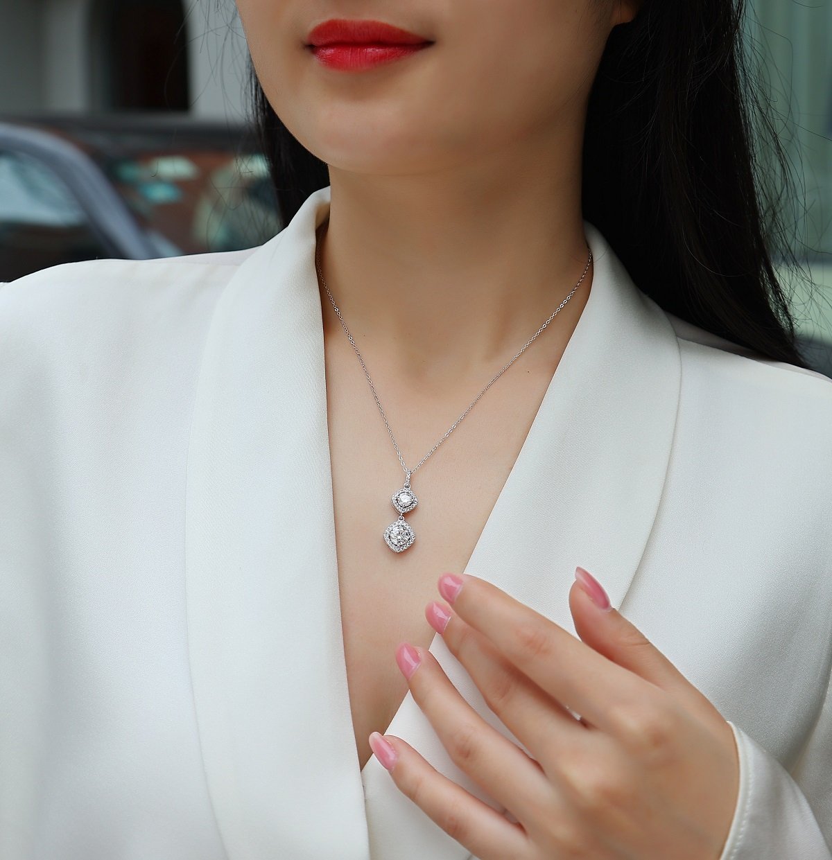 Double Cushion-Halo Moissanite Drop Necklace - Image 5
