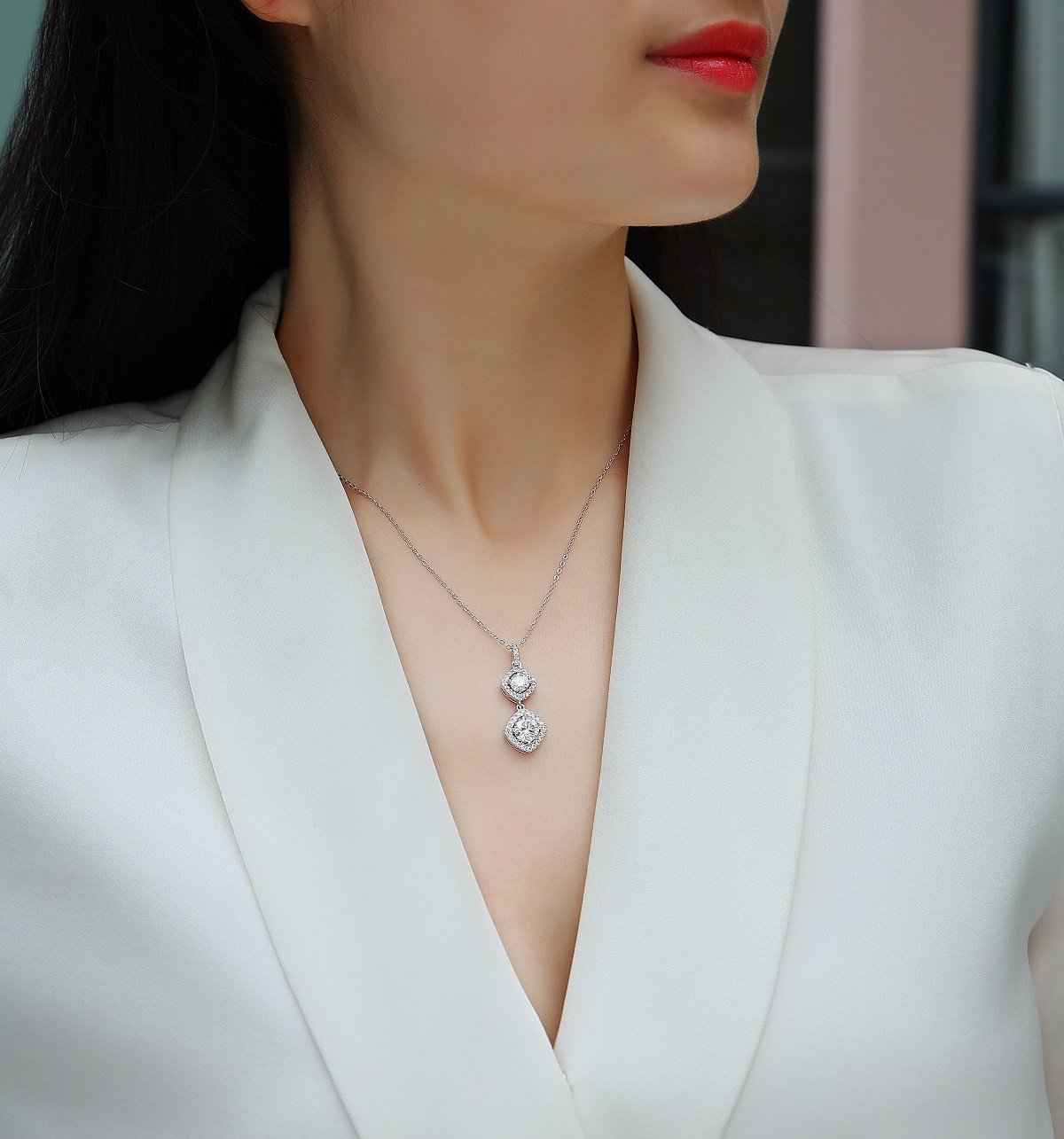 Double Cushion-Halo Moissanite Drop Necklace - Image 6