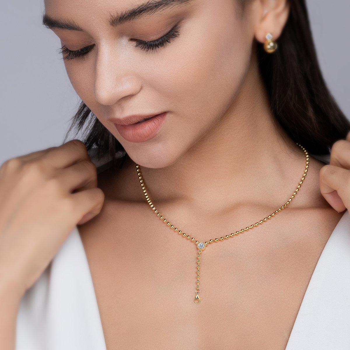 Moissanite Bezel Bead-Chain Lariat Necklace - Image 5