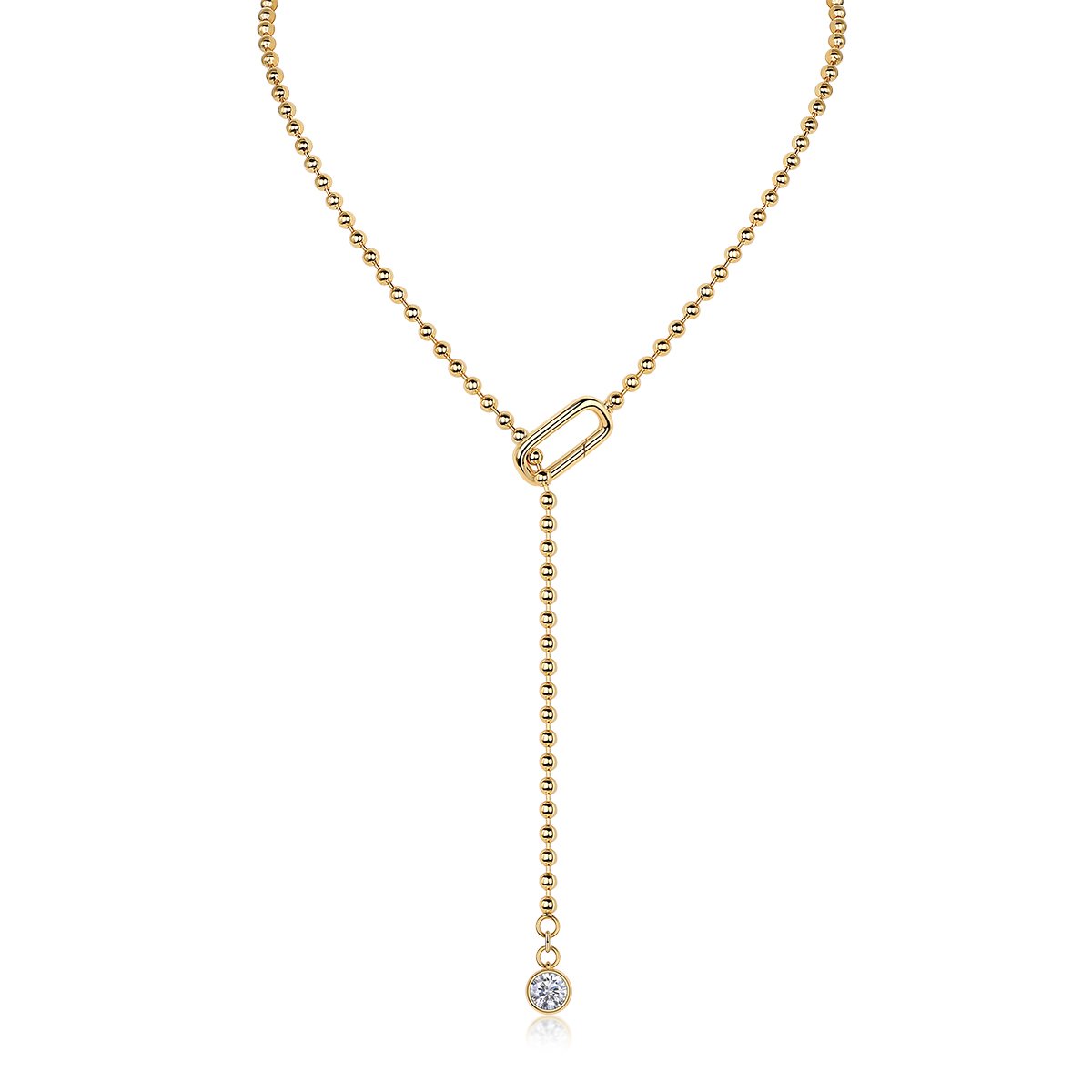 Beaded Lariat Moissanite Drop Y-Necklace | 1ct DEW | Yellow Gold over 925 Silver