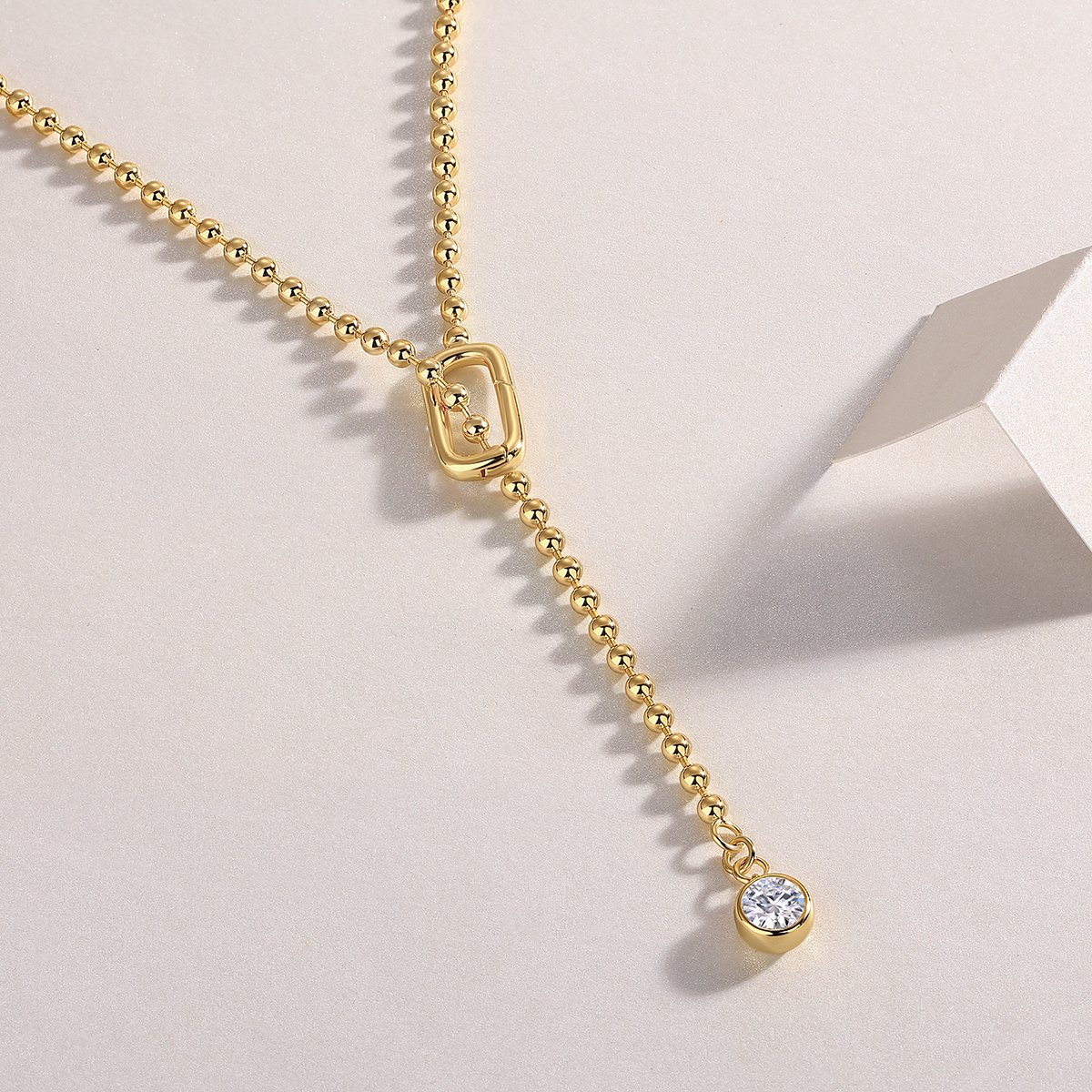 Beaded Lariat Moissanite Drop Y-Necklace | 1ct DEW | Yellow Gold over 925 Silver - Image 3
