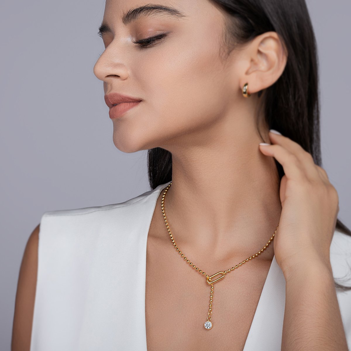 Beaded Lariat Moissanite Drop Y-Necklace | 1ct DEW | Yellow Gold over 925 Silver - Image 5