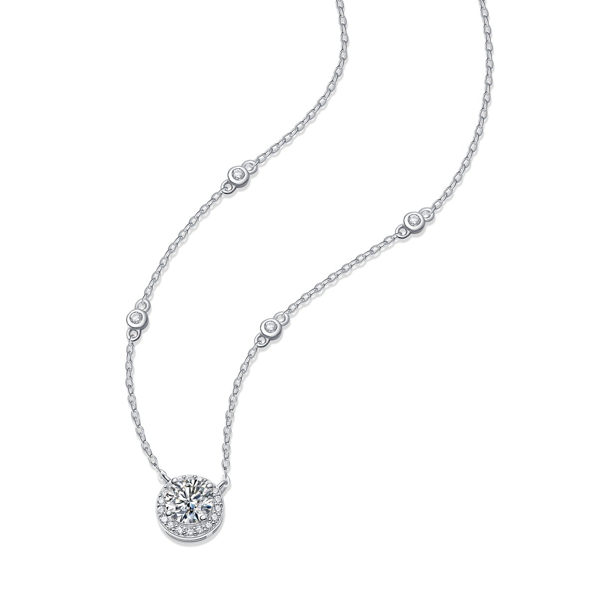 1ct Round Halo Moissanite Station Chain Necklace - Image 2