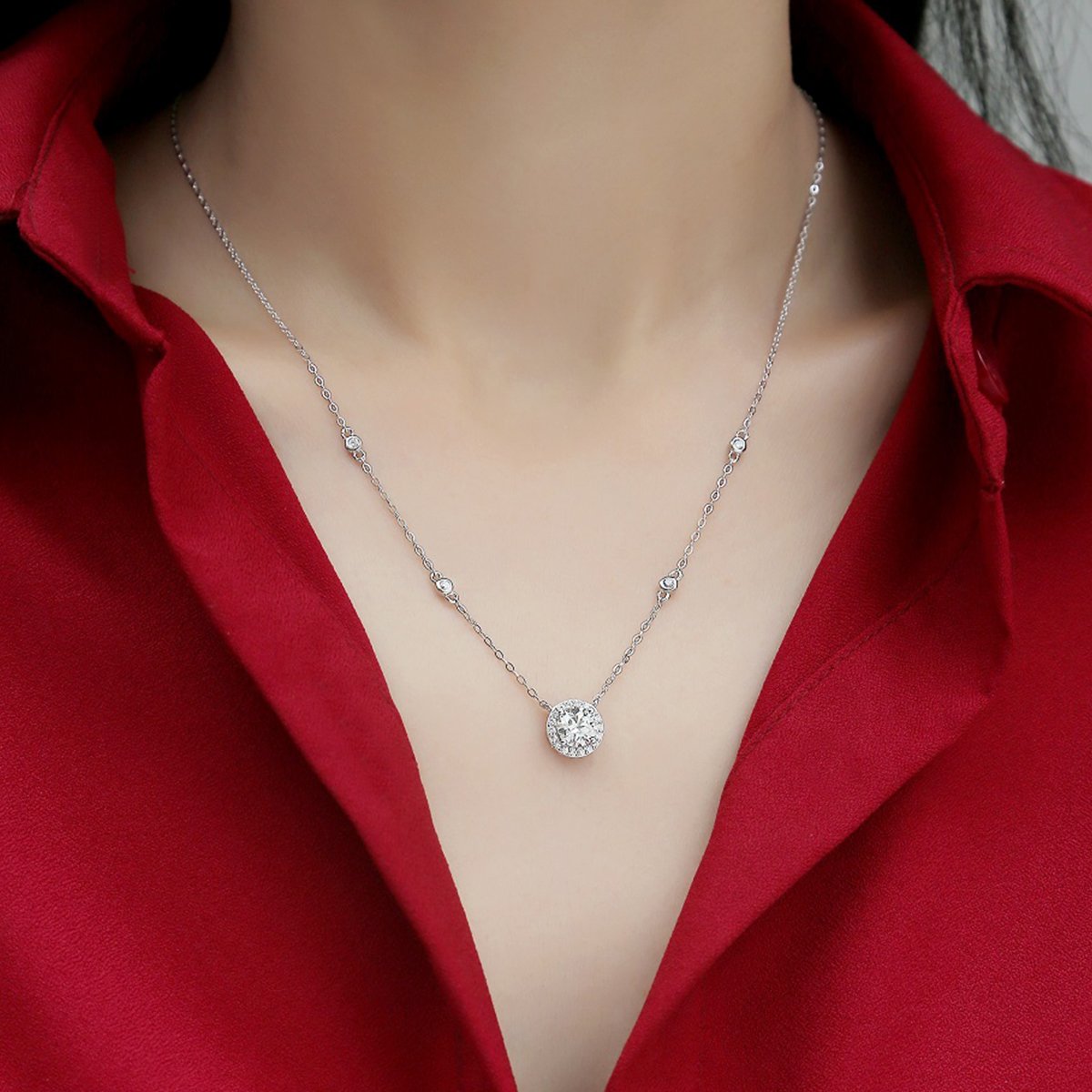 1ct Round Halo Moissanite Station Chain Necklace - Image 4