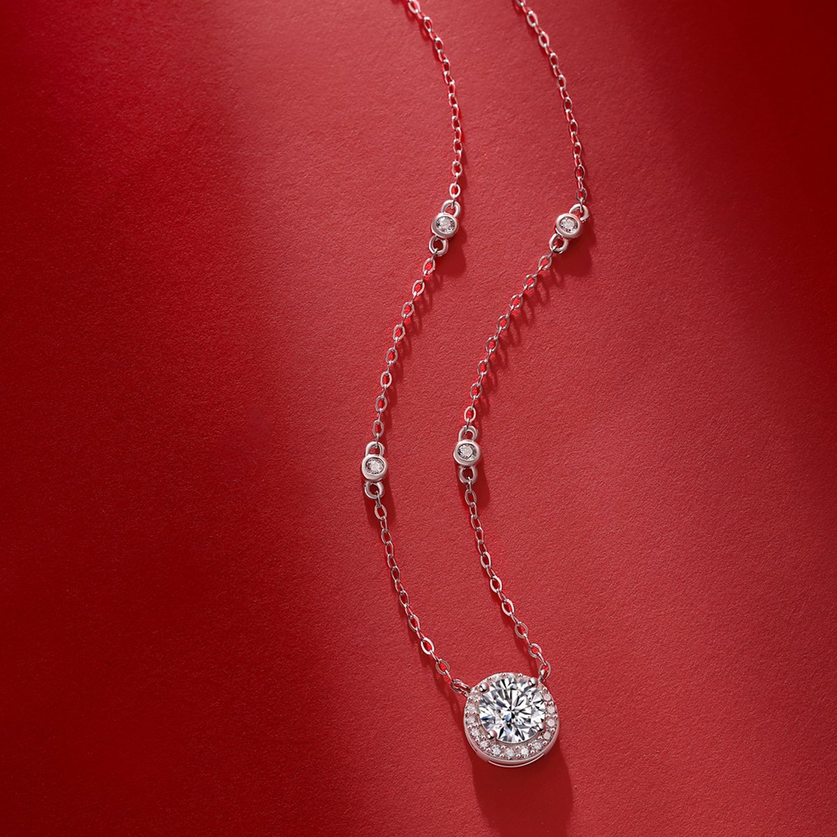 1ct Round Halo Moissanite Station Chain Necklace - Image 5