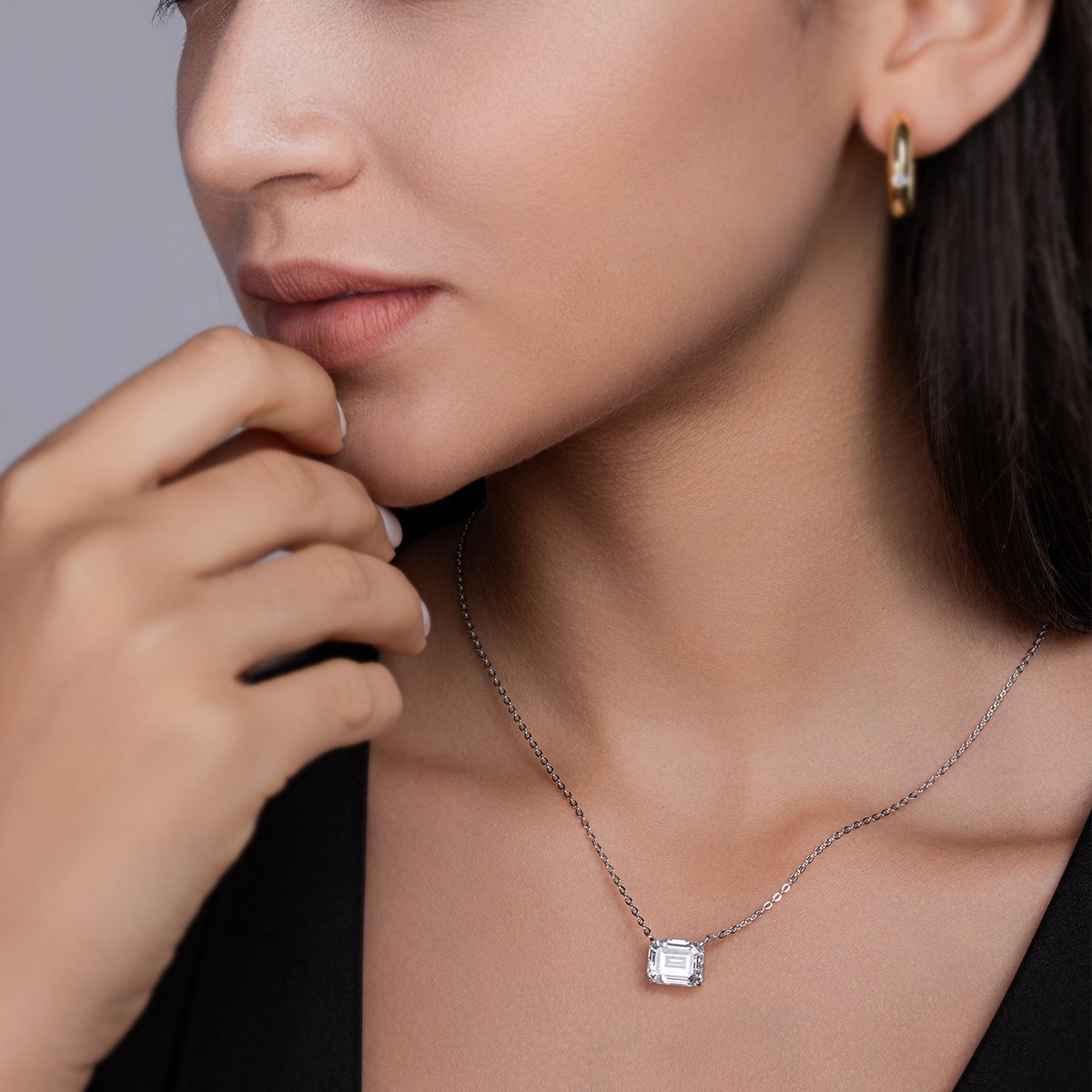 East-West Emerald-Cut Solitaire Moissanite Necklace - Image 5