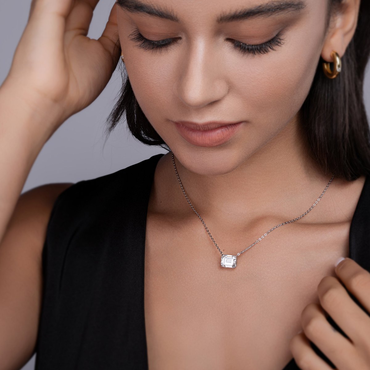 East-West Emerald-Cut Solitaire Moissanite Necklace - Image 6