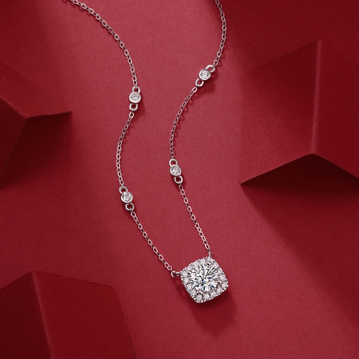 Cushion Halo Moissanite Pendant Station Necklace | 1.0 DEW Round Center - Image 4
