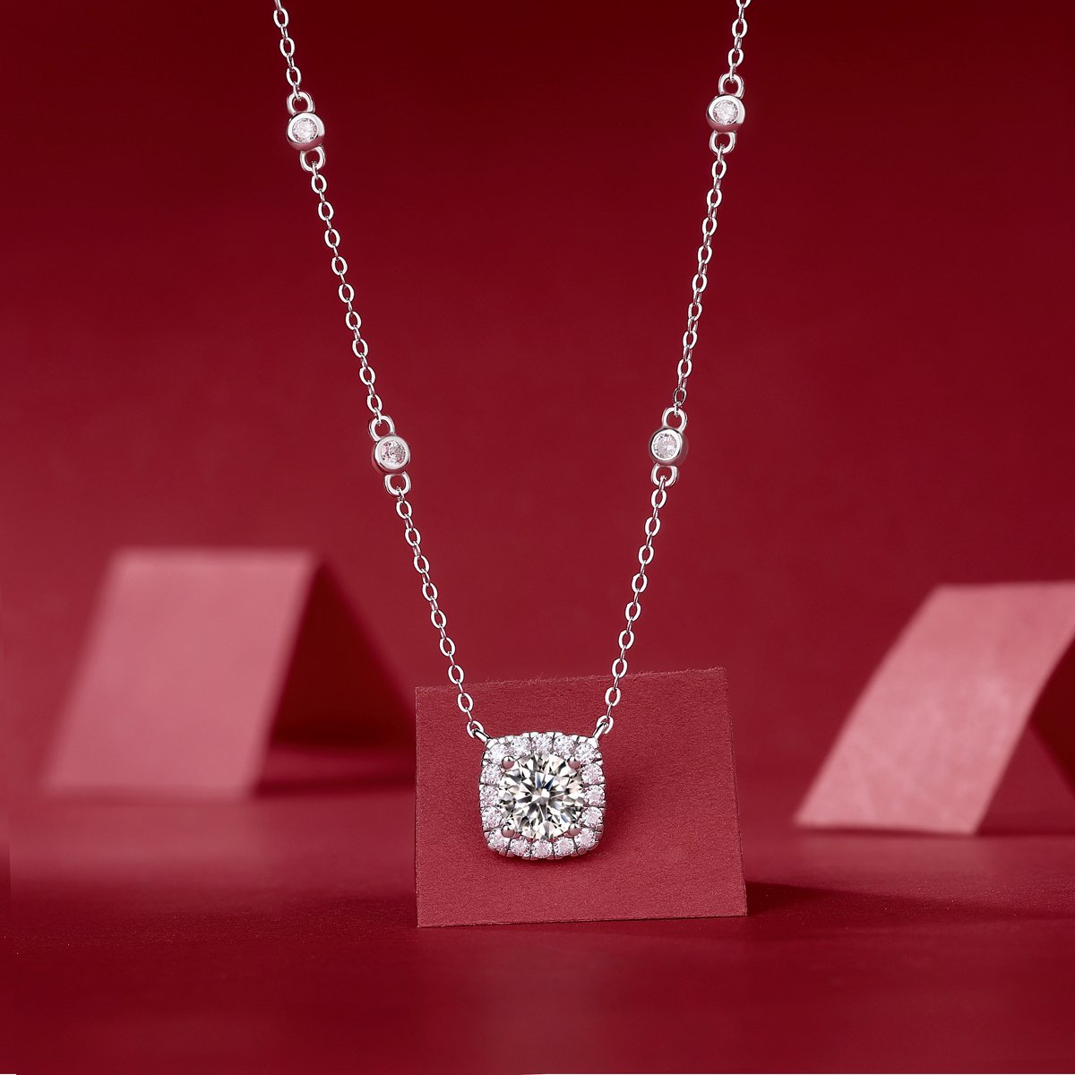 Cushion Halo Moissanite Pendant Station Necklace | 1.0 DEW Round Center - Image 5