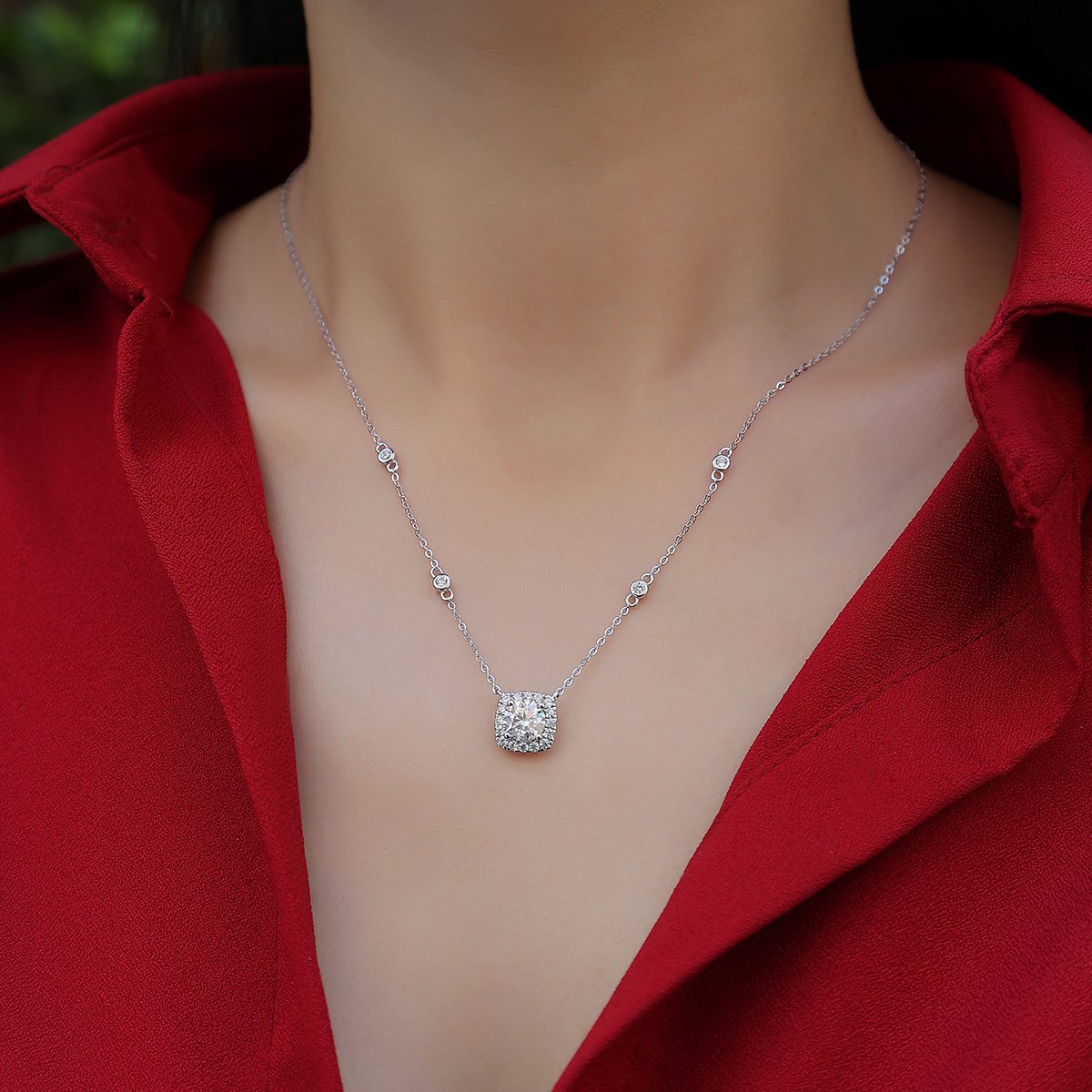 Cushion Halo Moissanite Pendant Station Necklace | 1.0 DEW Round Center - Image 6