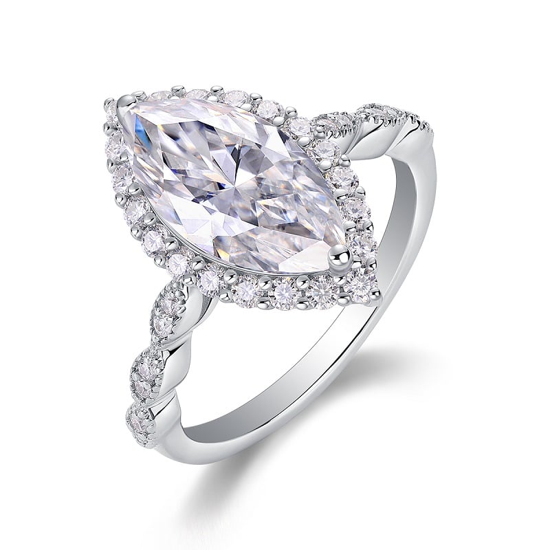 Marquise-Cut Moissanite Halo Ring | 3 DEW Center | White-Gold-Plated Sterling Silver