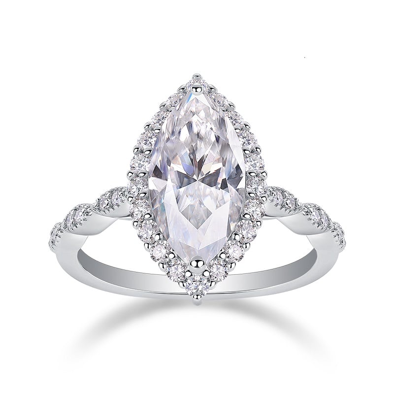 Marquise-Cut Moissanite Halo Ring | 3 DEW Center | White-Gold-Plated Sterling Silver - Image 3