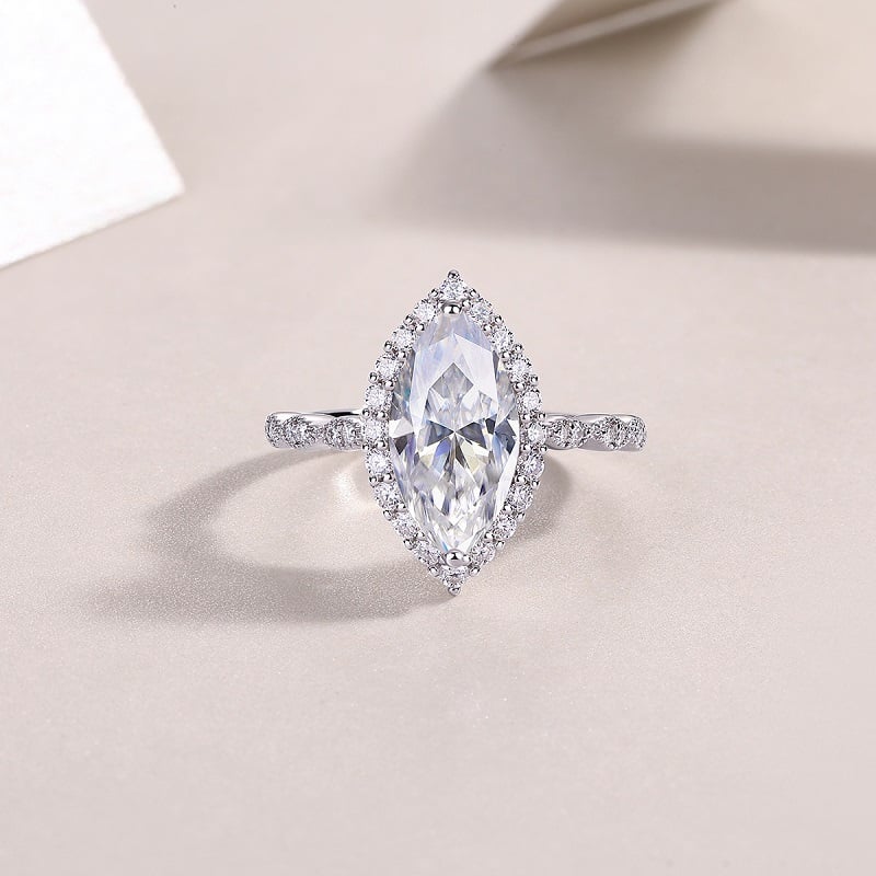 Marquise-Cut Moissanite Halo Ring | 3 DEW Center | White-Gold-Plated Sterling Silver - Image 4