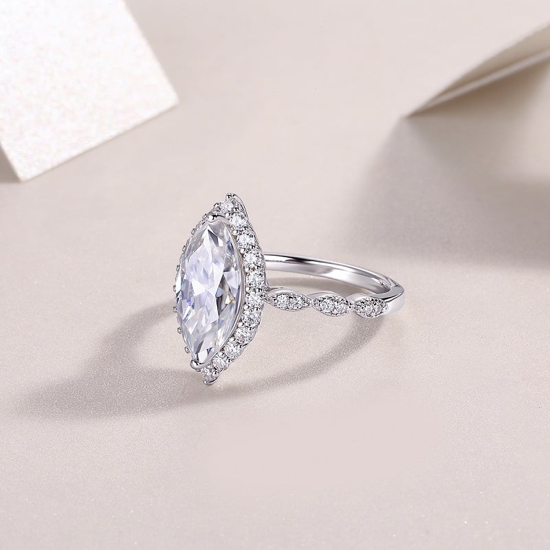 Marquise-Cut Moissanite Halo Ring | 3 DEW Center | White-Gold-Plated Sterling Silver - Image 5