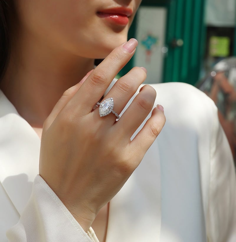 Marquise-Cut Moissanite Halo Ring | 3 DEW Center | White-Gold-Plated Sterling Silver - Image 6