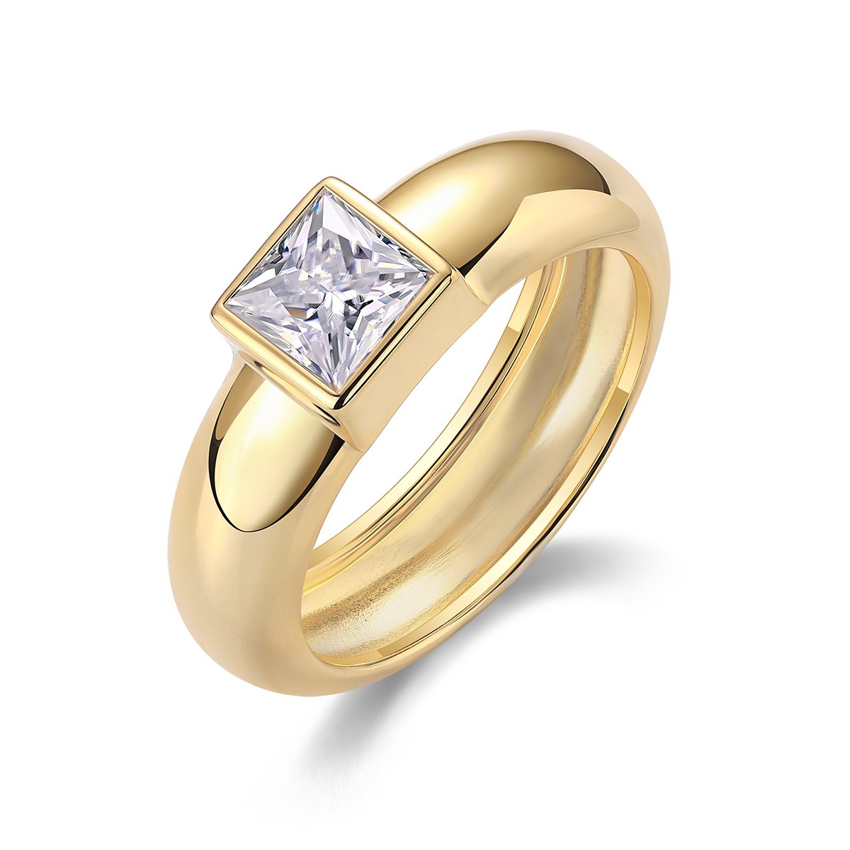 Princess Moissanite Ring – 1ct DEW Yellow Gold Bezel Solitaire