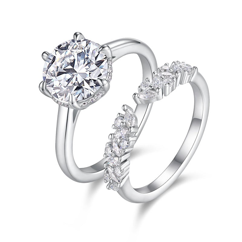 3 CT Round Solitaire & Marquise Band Moissanite Bridal Set