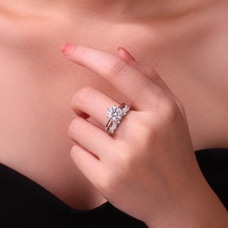 3 CT Round Solitaire & Marquise Band Moissanite Bridal Set - Image 5