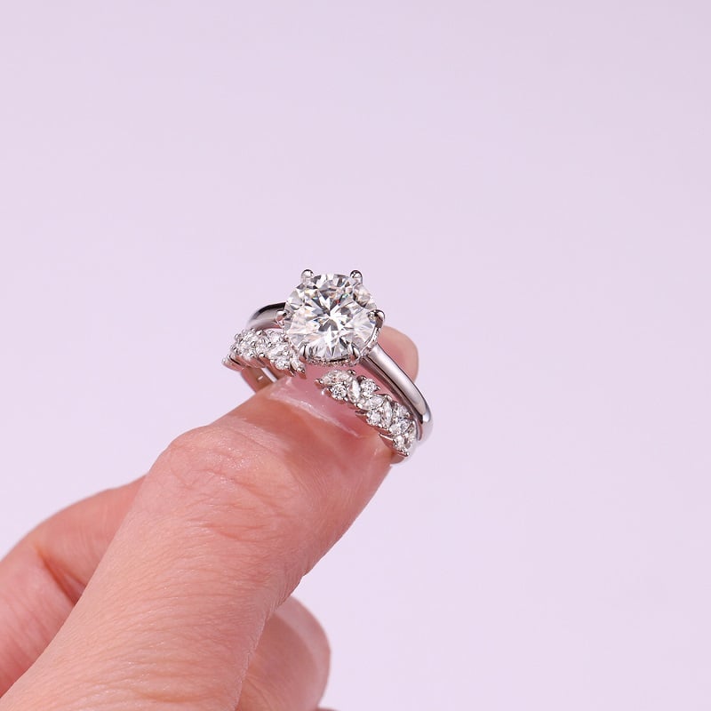 3 CT Round Solitaire & Marquise Band Moissanite Bridal Set - Image 6