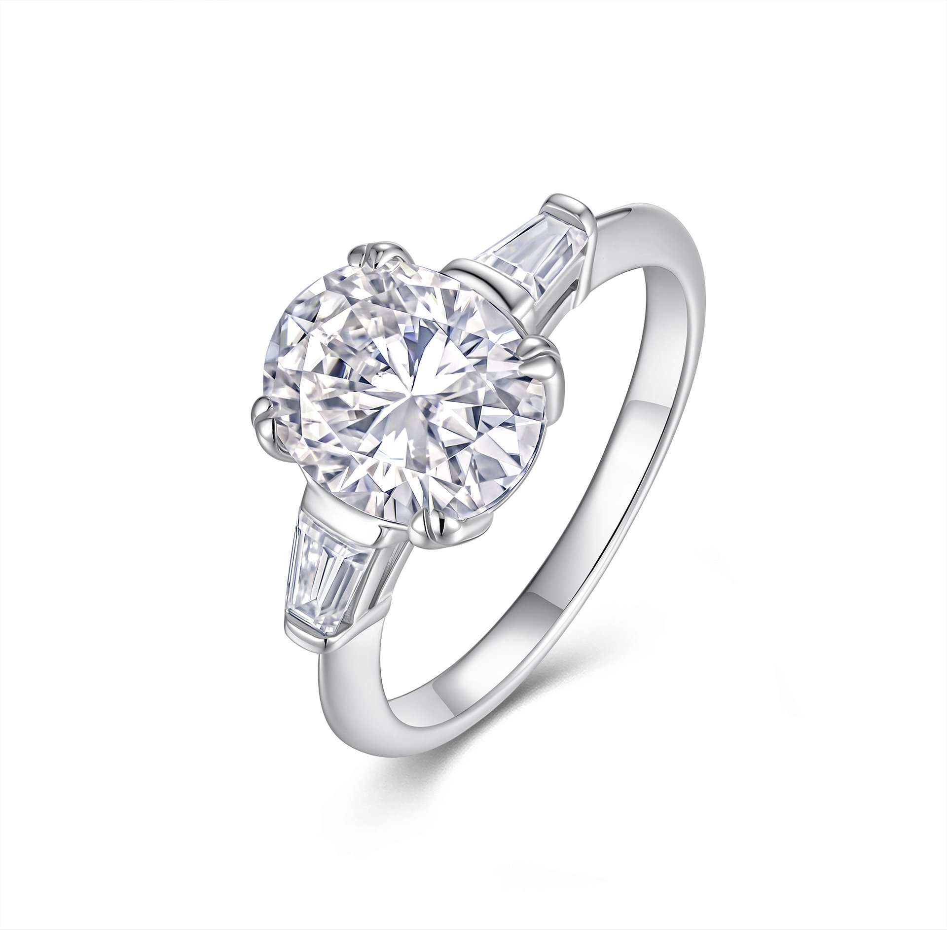 Oval Moissanite Three-Stone Ring with Tapered Baguettes