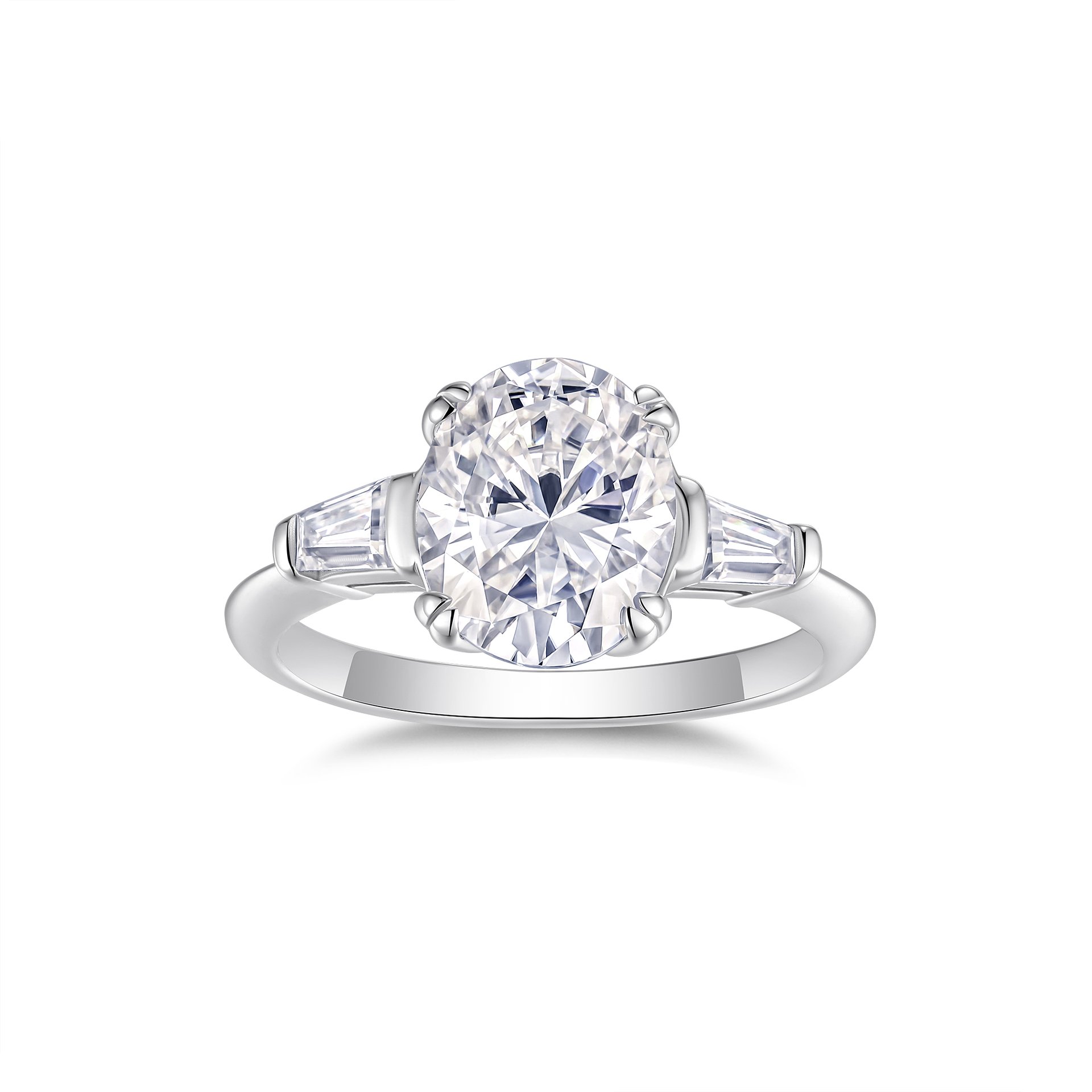 Oval Moissanite Three-Stone Ring with Tapered Baguettes - Image 2