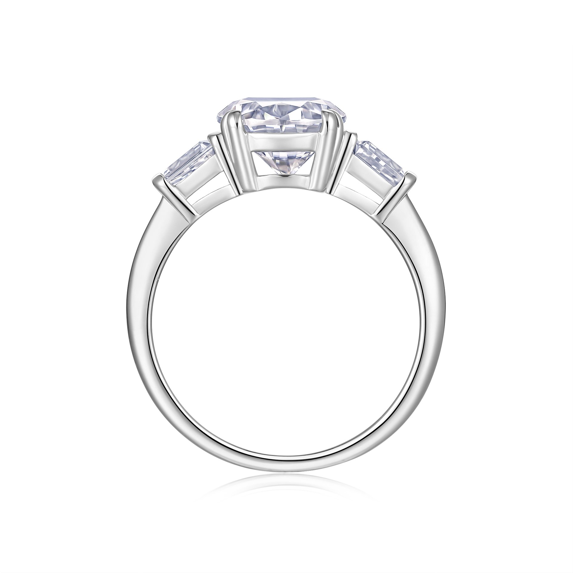 Oval Moissanite Three-Stone Ring with Tapered Baguettes - Image 3