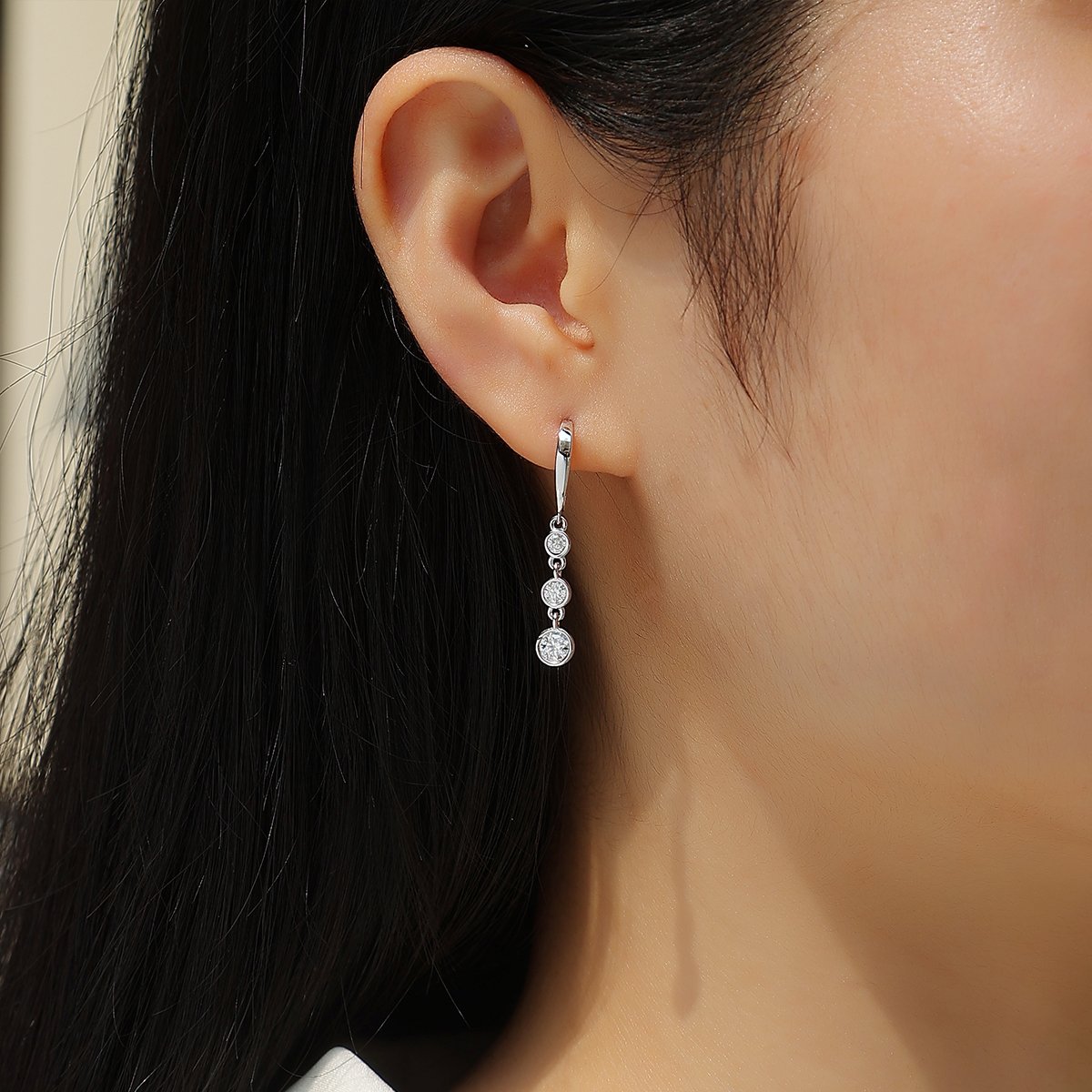 Graduated Three-Stone Moissanite Bezel Drop Earrings - Image 5